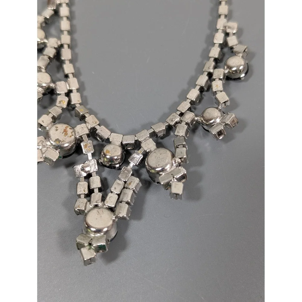 Vintage Black Clear Rhinestone Choker Necklace Silver‎ Tone Bib Statement 15